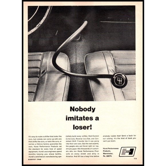 1968 Hurst Performance Shifters Nobody Imitates a Loser Vintage Print Ad Art - Picture 1 of 1